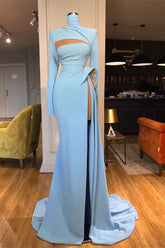 Long Sleeves Mermaid Prom Dress Long Split High Neck