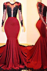 Long Sleevess Round Collar Mermaid Prom Dress Red Sequins Long Chiffon
