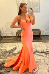 Satin Mermaid Spaghetti Straps Long Prom Dresses With Train