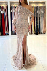 Luxurious Beadings Prom Dress Long Mermaid Eevning Gowns Split Long Sleeve