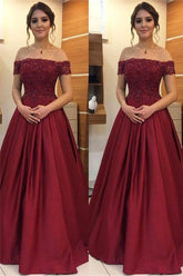 Maroon Off-the-Shoulder Applique Prom Dresses Charming Beads Ruffles Sleeveless Chic Evening Dresses