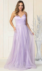 Sleeveless Glittered Tulle Surplice Evening Gown