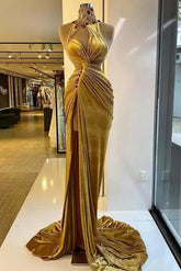 Mermaid High Neck Ruffles Sleeveless Long Rhinestone High Split Prom Dresses