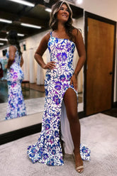 One Shoulder Sequin Appliques Long Prom Dresses with Slit