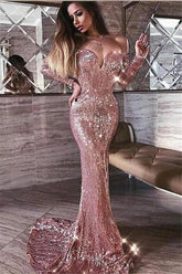 Mermaid Pink Shiny Sequins Strapless Off-the-Shoulder Long Sleeves Formal Dresses