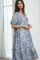 Full Size Printed Puff Short Sleeve Midi Resort Dress