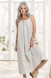 Beige Grey Drawstring Slit Back Cargo Midi Dress