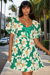 Full Size Daisy Print Mini Summer Dress with Ribbon Details