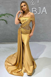 Modern Gold Mermaid Prom Dress Appliques With Ruffles Off-the-Shoulder