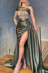 Modern Mermaid Prom Dress Beadings With Split Long Sleeves