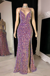 Modern Spaghetti-Straps Sequins Prom Dresses Mermaid Sleeveless With Slit