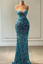 Modern Sweetheart Blue Mermaid Prom Dresses Long With Sequins Beads