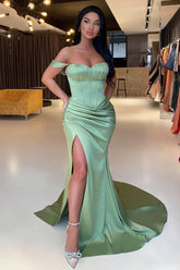 Modest Sage Green Off-the-Shoulder Prom Dresses Mermaid Slit