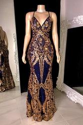 Modest Spaghetti-Straps Sequins Mermaid Prom Dresses Long V-Neck