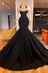 New Arrival Long Sleeves Halter Mermaid Evening Party Gowns With Ruffles Long