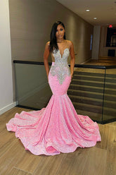 New Arrival Sleeveless Mermaid Sequins Evening Party Gowns With Ruffles Long