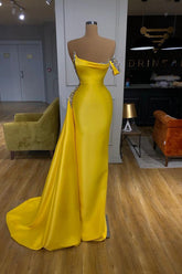 New Bright Yellow Mentallic Sequins Overskirt Prom Dress One shoulder