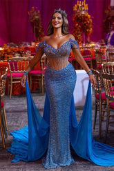 Off-Shoulder Royal Blue Mermaid Prom Dress with Overskirt Sequins and Beads