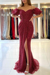 Off-the-Shoulder Bubble Sleeves Burgundy Evening Gowns Prom Dress Sequins Slit Evening Gowns