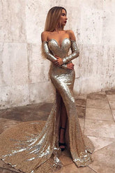 Off-the-Shoulder Champagne Sequins Prom Dresses Chic Long Sleevess Split Evening Gowns