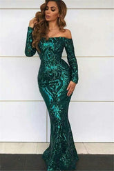 Off-the-Shoulder Evening Dresses with Sleeves Chic Mermaid Sequins Prom Dresses