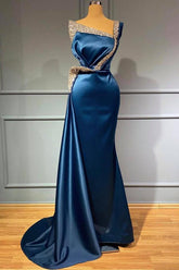 One Shoulder Blue Sequns Long Mermaid Prom Dress Beading