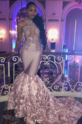 Pink Lace Party Dresses Mermaid Evening Gowns With Bottom Flowers