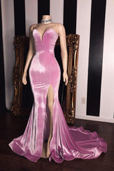 Pink Velvet Sweetheart Prom Dresses Chic Split Mermaid Long Evening Gowns