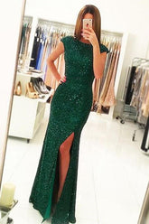 Dark Green Open Back Cap Sleeves Front Split Long Prom Dresses, Evening Dress