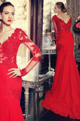 Gorgeous Red V-neck Long Sleeves Mermaid Satin Prom Dresses With Appliques