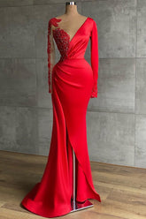 Red Long Sleeve Mermaid Prom Dress On Sale With Beadings V-Neck