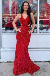 Mermaid V Neck Sequins Backless Long Prom Dress