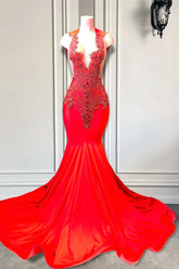 Red Sleeveless V-Neck Mermaid Prom Dresses with Beadings