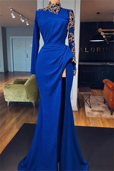 Royal Blue High-Neck Split Mermaid Prom Dresses Chic Long Sleeves Appliques Evening Gowns