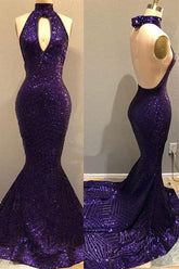 Sequins Halter Grape Party Dresses Backless Long Evening Gowns