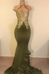 Sexy V-Neck Halter Backless Mermaid Prom Dress Sequins Chiffon Green Long Backless
