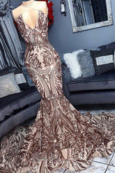 Sexy V-Neck Sequins Sleeveless Mermaid Long Prom Dress