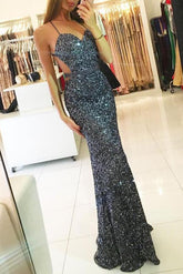 Dark Grey Open Back Mermaid Spaghetti Strap Sequins Long Prom Dresses
