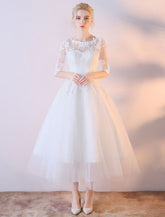 Short Wedding Dresses White Half Sleeve Lace Applique Tea Length Bridal Dress