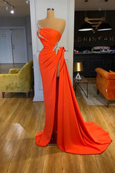 Silver Sequined Orange High-split Prom Dress One-shoulder