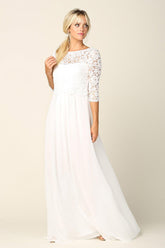 Simple Long 3/4 Sleeve Lace Chiffon Wedding Dress