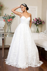Simple Long Spaghetti Strap Floral Mesh Wedding Gown