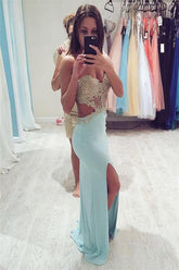 Simple Shining Sequins Applique Prom Dresses Split Mermaid Sleeveless Chic Evening Dresses