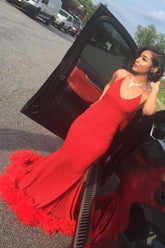 Simple Spaghetti V-Neck Mermaid Long Prom Dresses with Fur Train