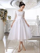 Tuyuku Simple Wedding Dresses Short Lace Applique Illusion Half Sleeve Tea Length Bridal Dress Exclusive