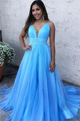Sky Blue Spaghetti-Straps A-Line Tulle Sleeveless Formal Dresses