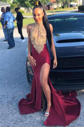 Sleeveless Halter Front Slit Gold Appliques Burgundy Evening Gowns Mermaid Prom Dresses