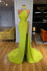 Stunning Ginger yellow Neck Glamorous high side-cut Long Evening Dress Triangle