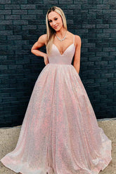 Stunning Pink Sequins A-Line Long Prom Dress