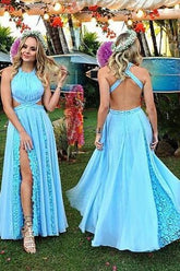 Charming Baby Blue Halter Lace Long Prom Dresses, Split Evening Dress with Lace